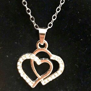 Double Hearts Rhinestone Silver Toned  Charm Necklace